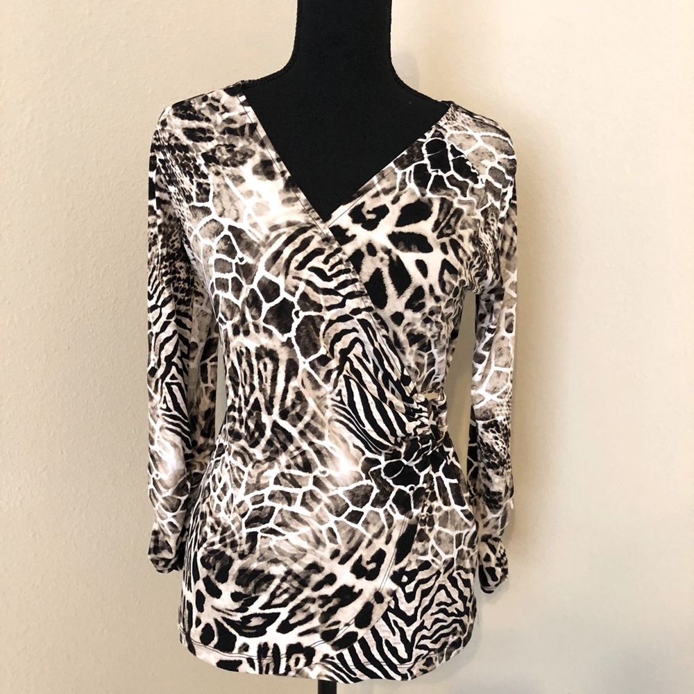Alfani Wrap Black and White Fitted Blouse